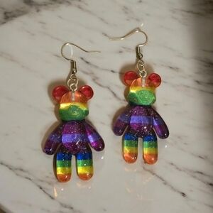 Kawaii Rainbow Glitter Bear Earrings Cute Resin Pride‎ Statement Jewelry